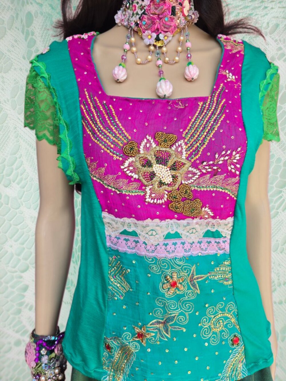Forest & Jadite Green Square Neckline Jewel Embroidered Blouse